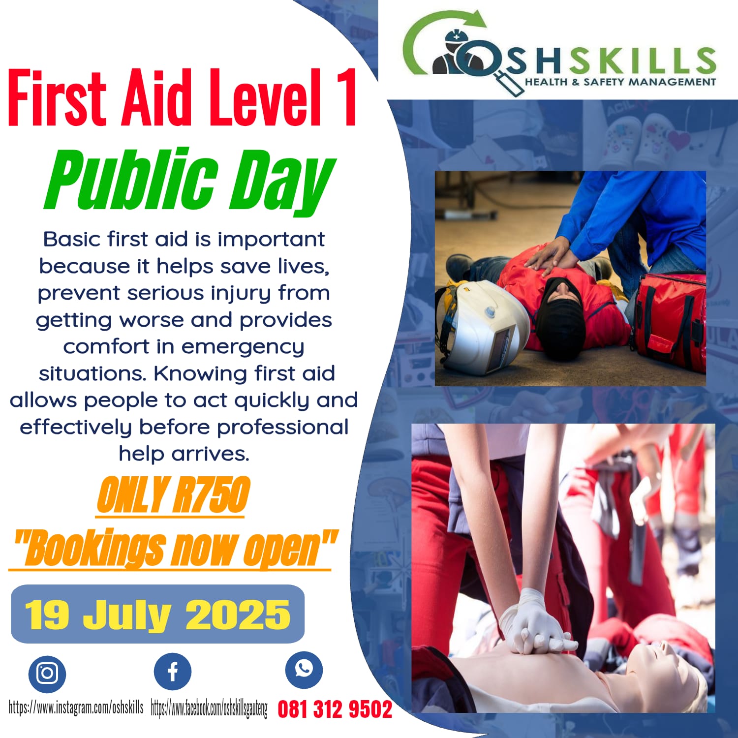 First Aid Level 1 - Public Day 19 July 2025 @ 08h00 -15h30 - RSVP 10 July 2025